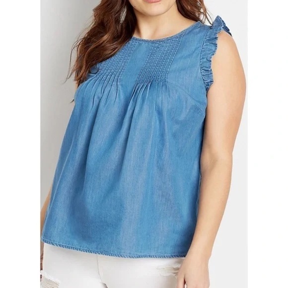 NWT Maurice’s Chambray Pleated Flutter Sleeve Tank Top - Picture 1 of 11